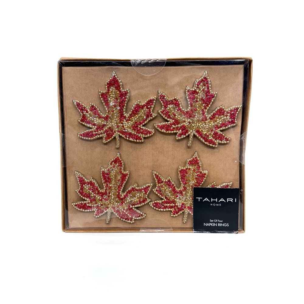 Tahari Set Of Four Red & Gold Beaded Maple Leaf Napkin Rings New Nib
